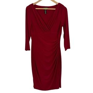 LRL Fitted Long Sleeve Cocktail Dress Sz 10 Red Wrap Below Knee Bodycon LIKE NEW